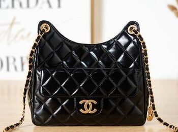 CC Small Hobo Bag in Shiny Lambskin & Gold-Tone Metal, 21cm L x 15cm H x 9cm W