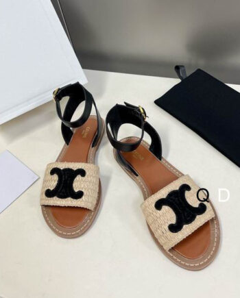 CELEN Lympia Flat Strap Sandal in Raffia and Calfskin.