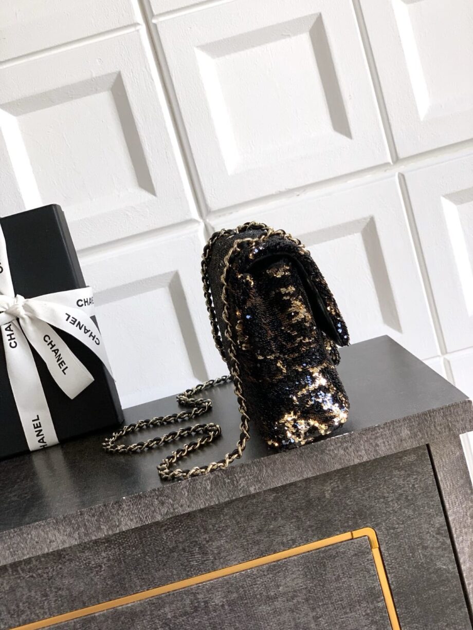 CC Flap Bag | Black sequins on a black fabric base.