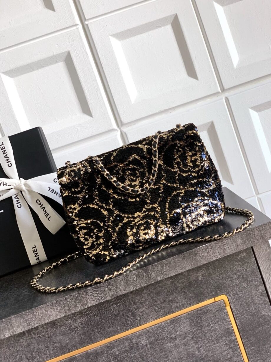 CC Flap Bag | Black sequins on a black fabric base.