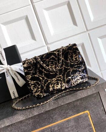 CC Flap Bag | Black sequins on a black fabric base.