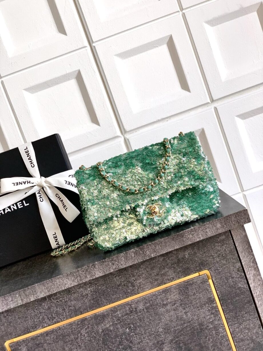 CC Flap Bag in a sequined, green variation.