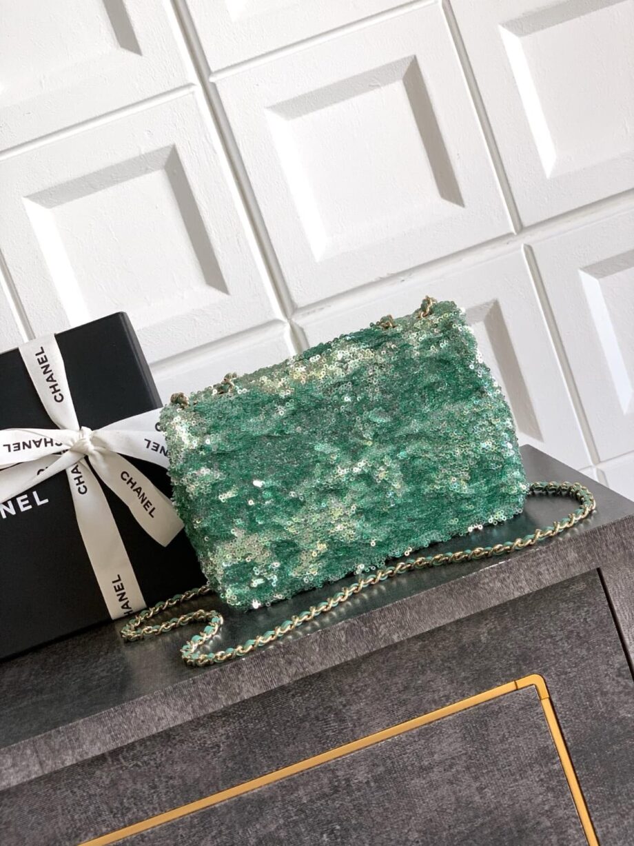 CC Flap Bag in a sequined, green variation.
