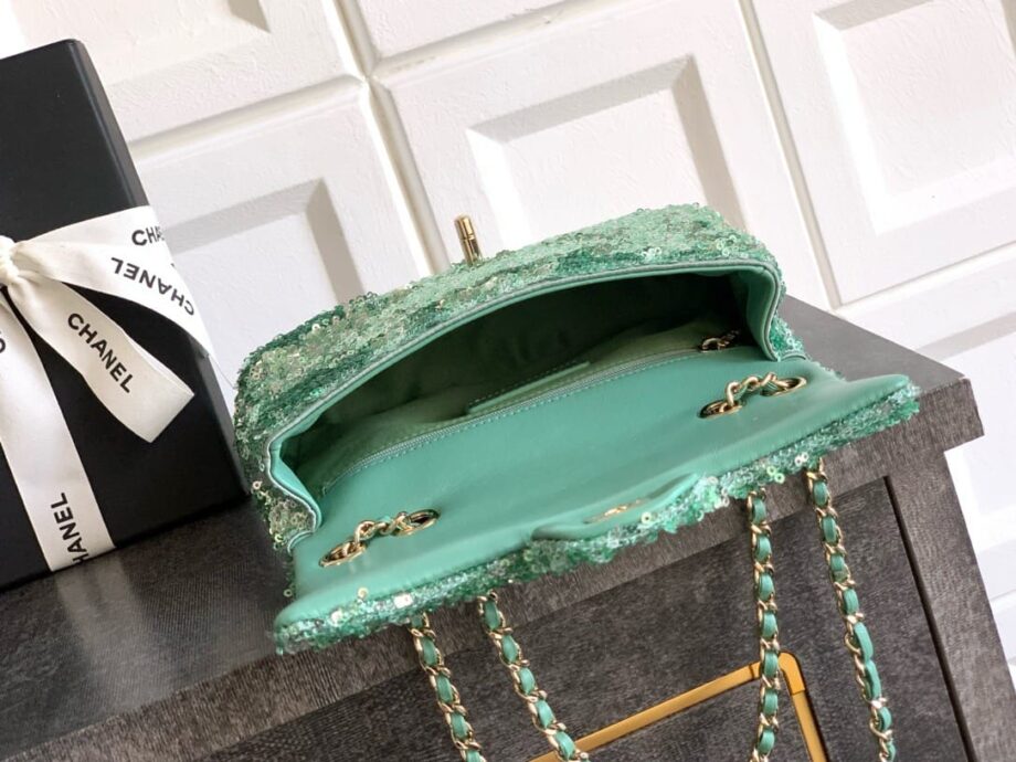 CC Flap Bag in a sequined, green variation.