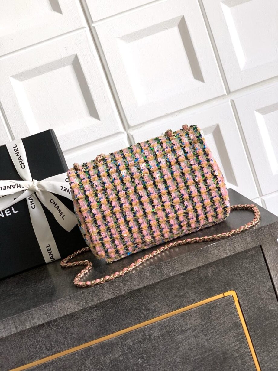 CC Classic sequins and tweed flap bag (light pink)