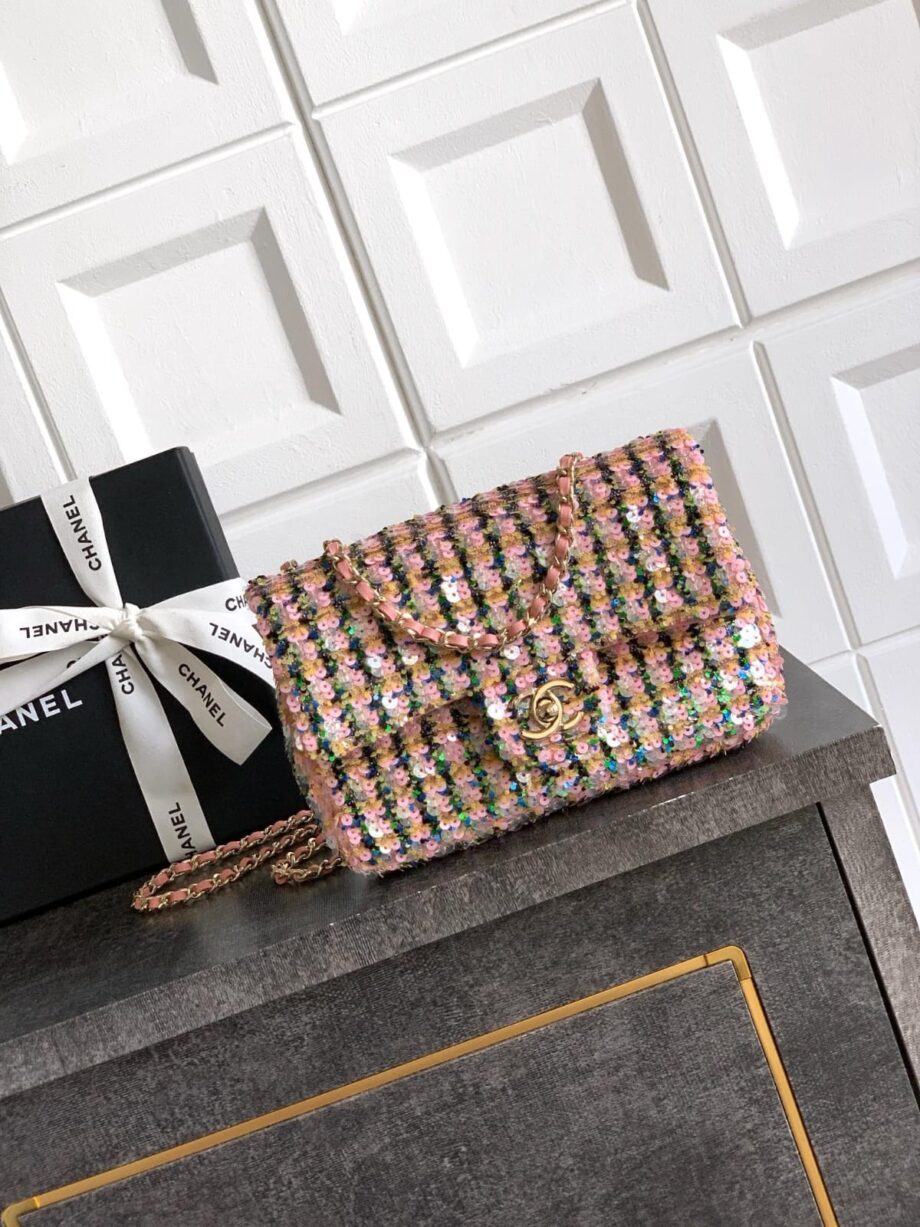 CC Classic sequins and tweed flap bag (light pink)