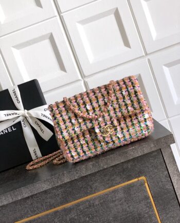 CC Classic sequins and tweed flap bag (light pink)
