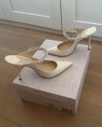 JC Bing 100 Patent Leather Mules with crystal strap.