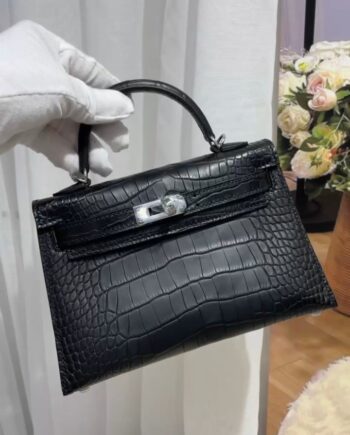 H Mini Kely II bag in Noir (Black). Real Matte Alligator