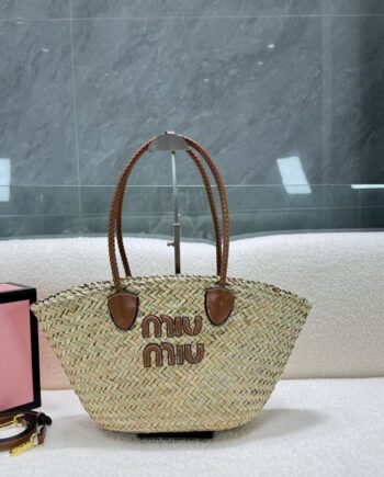MIU Palmetto Tote Bag in Raffia. 47X13X20cm