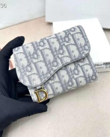 CD Oblique Jacquard Saddle Lotus Wallet in gray.