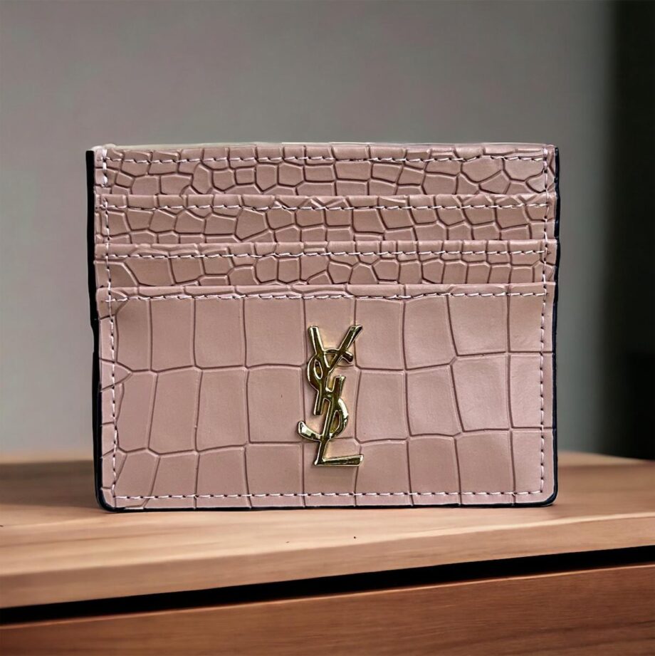 YS Card Holder in crocodile-embossed calfskin leather in a light, muted pink .