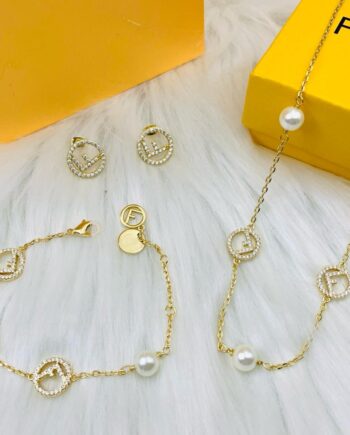 FNDI Jewelry Set | necklace, a bracelet, and earrings, all featuring the logo and pearl accents.