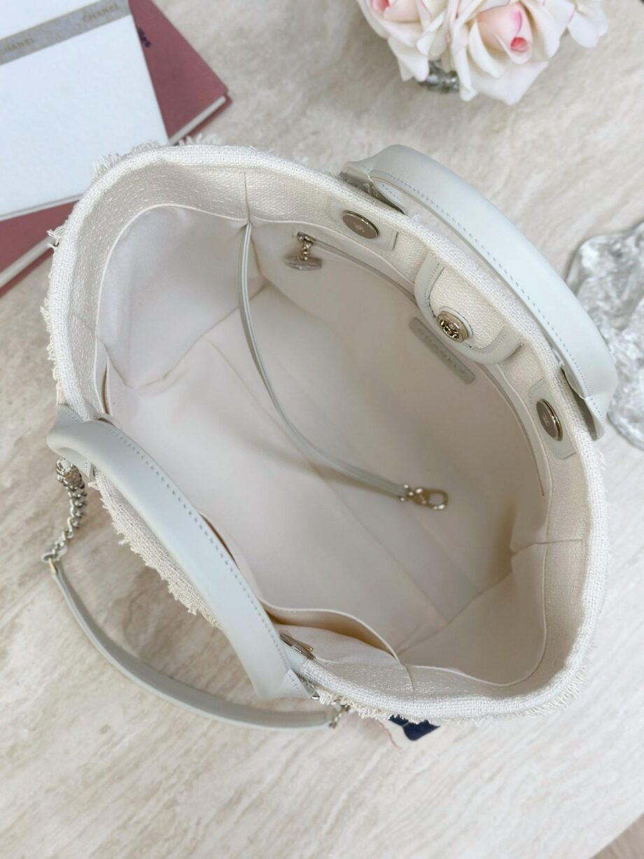 CC Deauville Tote Bag in a combination of beige/off-white and navy blue, with red stripes as an accent.