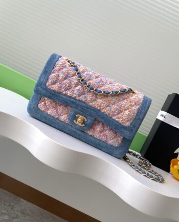 CC Double Flap bag in a combination of tweed and denim.