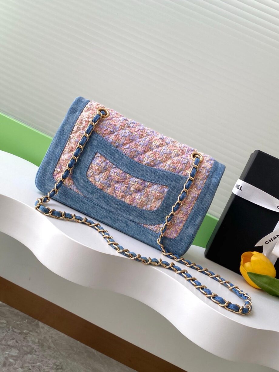 CC Double Flap bag in a combination of tweed and denim.