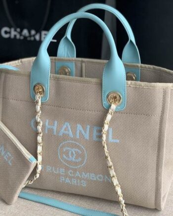 CC Deauville Shopping Tote, beige color with light blue accents.