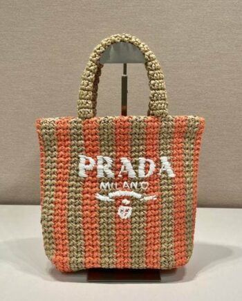 PRDA Crochet Tote Bag | orange and beige/tan striped.