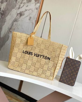 Loiu Natural beige Damier Raffia Summer Shopper Tote MM.