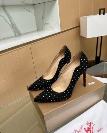 CL Heels | Studs or embellishments on a black upper with the brand's signature red sole.