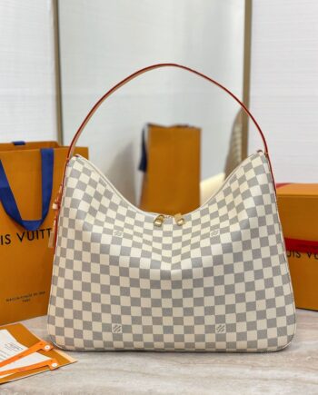 Loiu hobo style shoulder bag | slouchy silhouette, Damier Azur pattern.