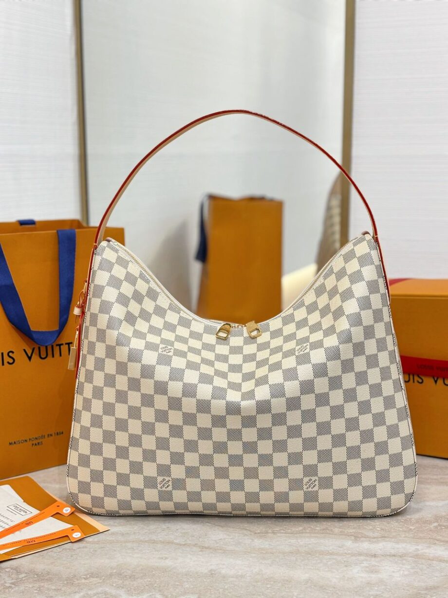 Loiu hobo style shoulder bag | slouchy silhouette, Damier Azur pattern.