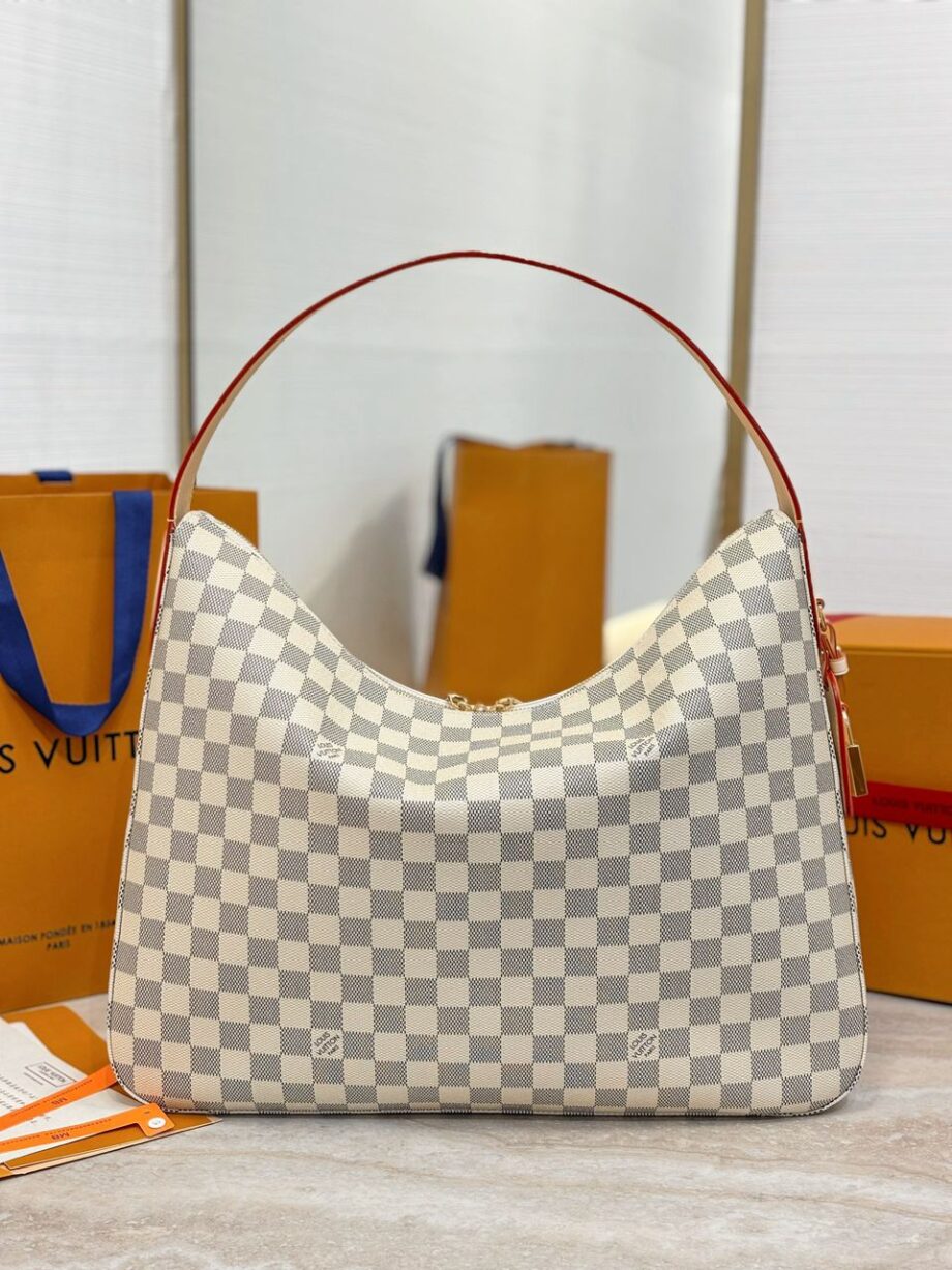 Loiu hobo style shoulder bag | slouchy silhouette, Damier Azur pattern.