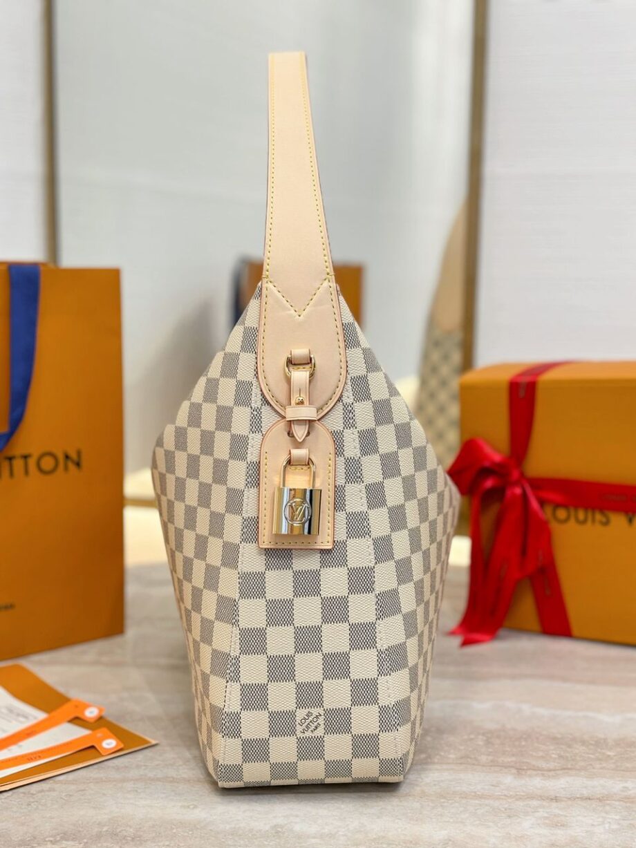 Loiu hobo style shoulder bag | slouchy silhouette, Damier Azur pattern.