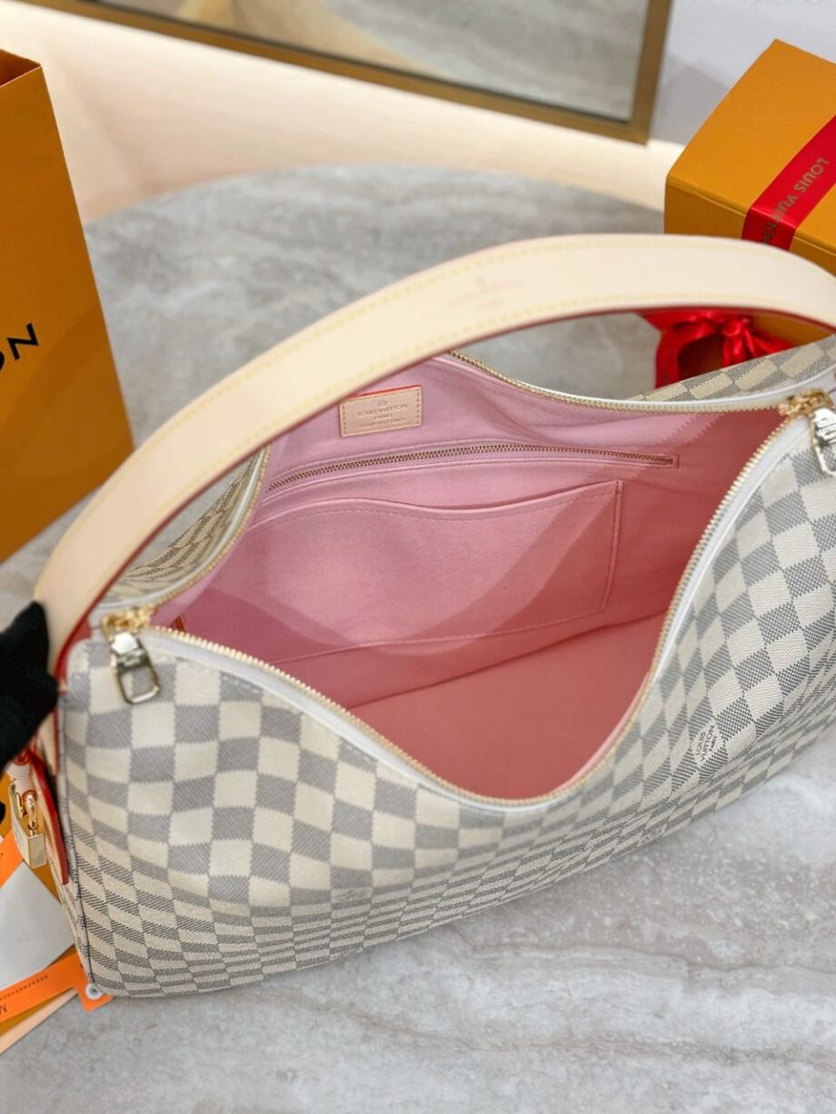 Loiu hobo style shoulder bag | slouchy silhouette, Damier Azur pattern.