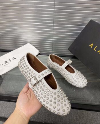 Alaia Crystal Embellished Ballet Flat | White.