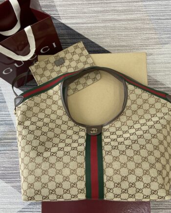 GG Giglio large tote bag | beige and brown GG canvas with a green and red Web trim.