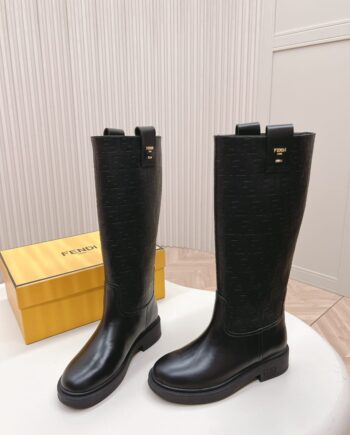 F Filo Boots | Black leather jacquard fabric with motif.