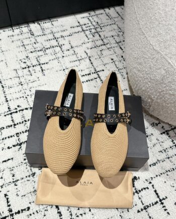 Rafia Ballet Flats | Beige Rafia and black leather.