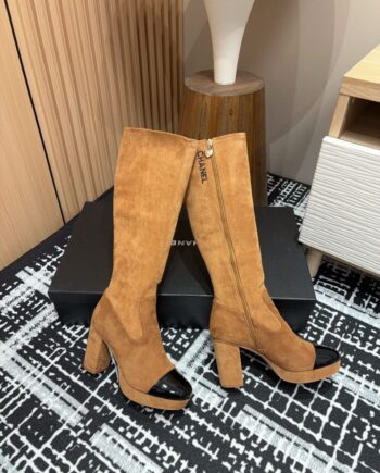 CC high boots | beige suede calfskin with black cap toe and chunky heels.