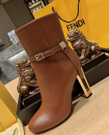 F Delfina high block heel boots, gold tone hardware and motif | Brown