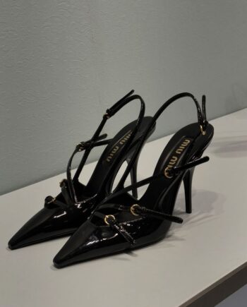 Mīū Mīū Patent Leather Slingbacks with Buckles Black